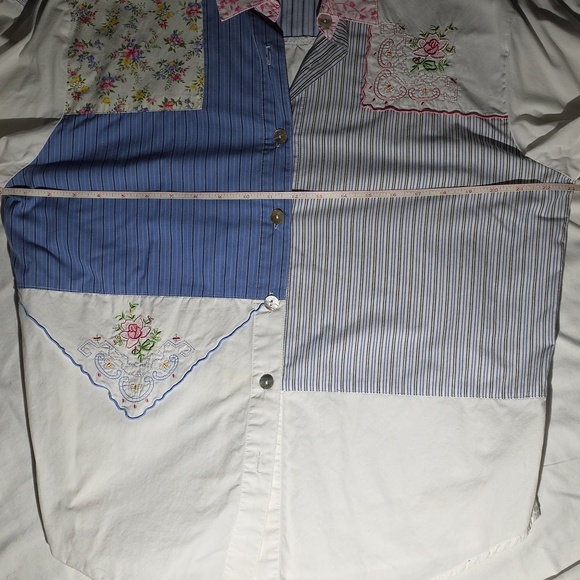 Colorful Patchwork Button-Up Shirt Blue White Pink Handkerchief Grandma Cottage - Picture 14 of 15